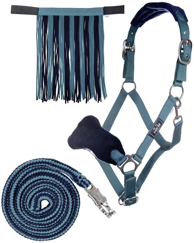 Halster set met paniekhaak & vliegenfrontriem by HKM in Petrol, Dark blue – product photo