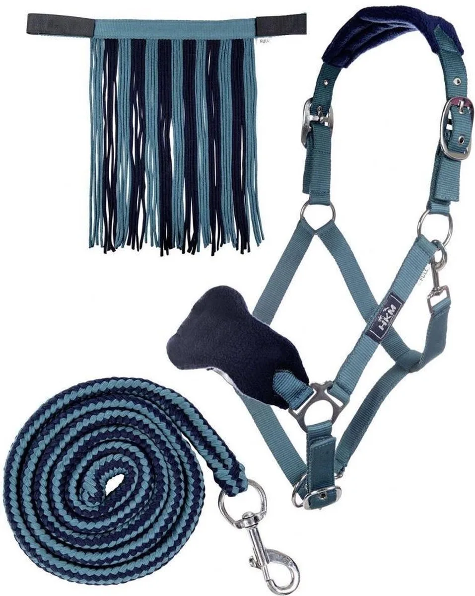 Halsterset met touw met karabijnhaak & vliegenfrontriem full de HKM en Petrol, Bleu foncé – photo produit