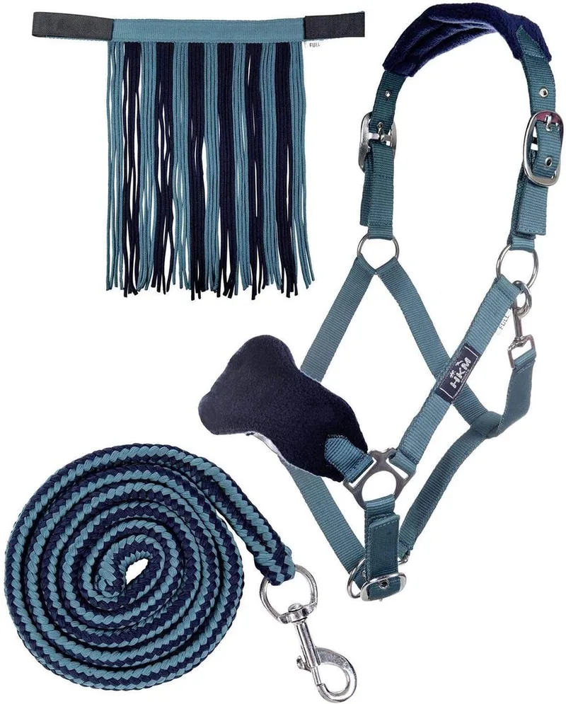 HKM 10733 halsterset, halster vliegenfranjes gebreid 180 cm karabijnhaak, VB de HKM en Petrol, Bleu foncé – photo produit