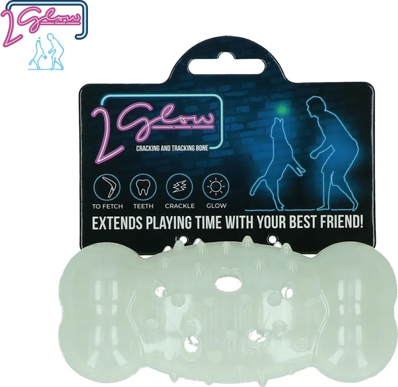 2 Glow Cracking & tracking bone - Hondenspeelgoed - Kauwspeeltje - TPR Rubber - 13,5 x 5,6 x 4,2 cm - Glow in the dark fra Holland Animal Care i Cracking & tracking bone – produktbillede