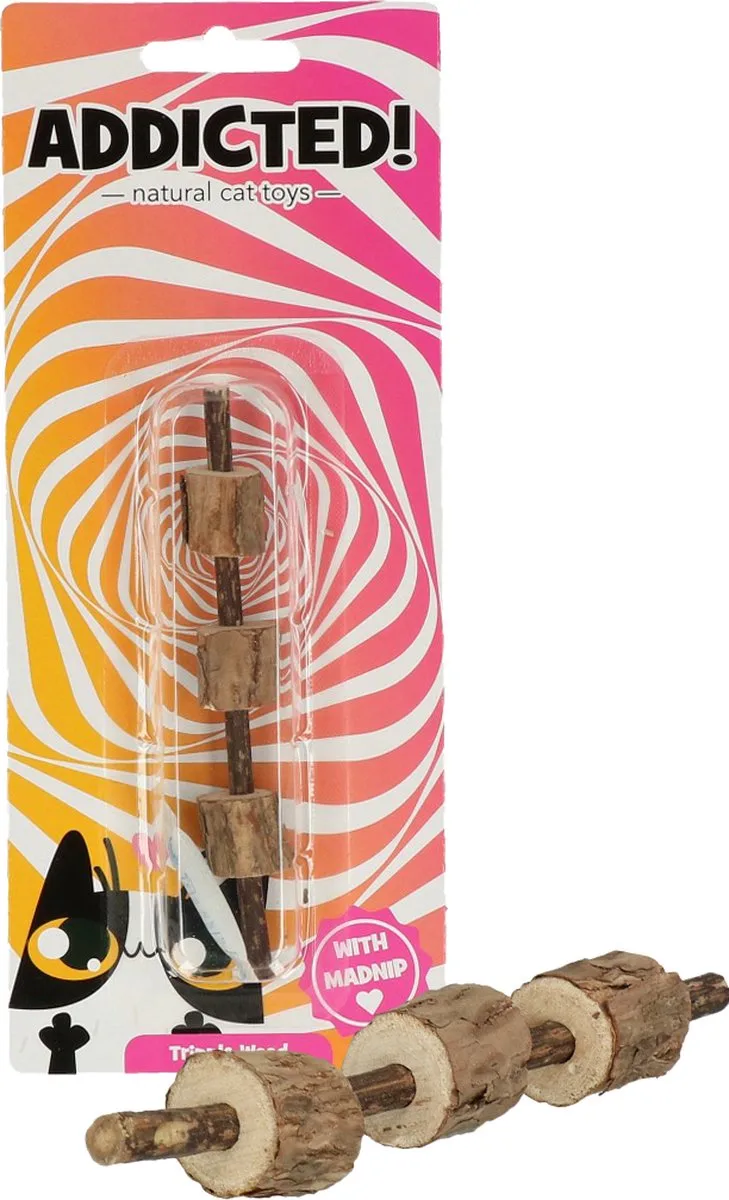 Addicted Tripple Wood – Kattenspeeltje gemaakt met Madnip – Met Kattenkruid - 12 x ø 1,5 cm van Holland Animal Care in Meerkleurig – productfoto