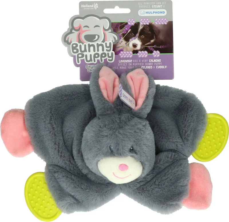 Bunny Puppy Crunchy Chew – 16 x 22 x 6 cm - Hondenknuffel – Puppy knuffel voor kalmerend effect – Extra speelplezier by Holland Animal Care in Grey – product photo