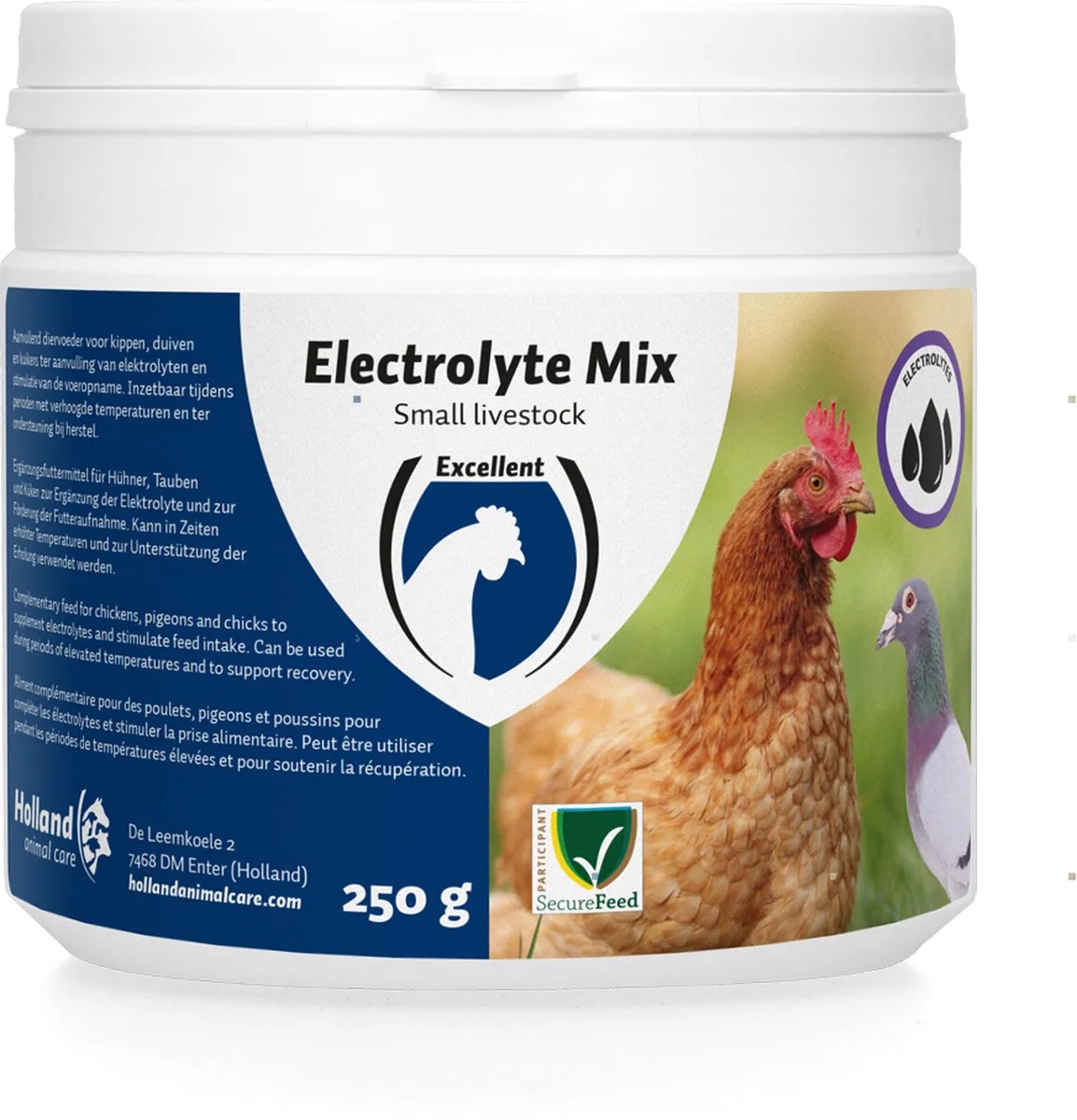 Excellent Electrolyten Mix voor kleinvee - Aanvullend dierenvoer voor pluimvee - Ondersteunt de spijsvertering - 250 Gram de Holland Animal Care – photo produit