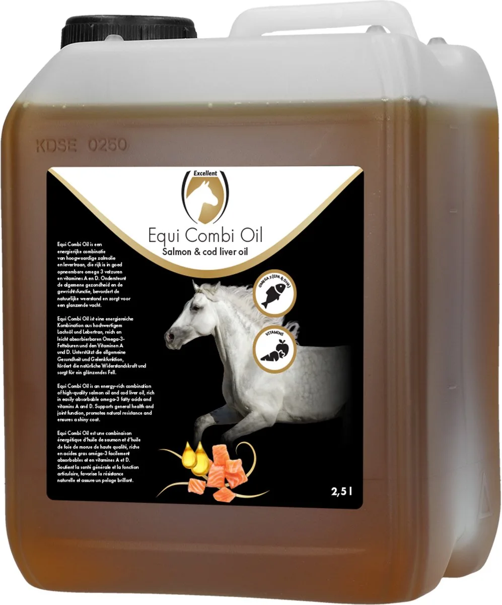 Excellent Equi Combi Olie Voermiddel – 1 Liter - Zalmolie en Levertraan – Bevat Omega 3-vetzuren en Vitamine A en D – Ondersteunt gezondheid – Geschikt voor Paarden en Pony’s de Holland Animal Care – photo produit