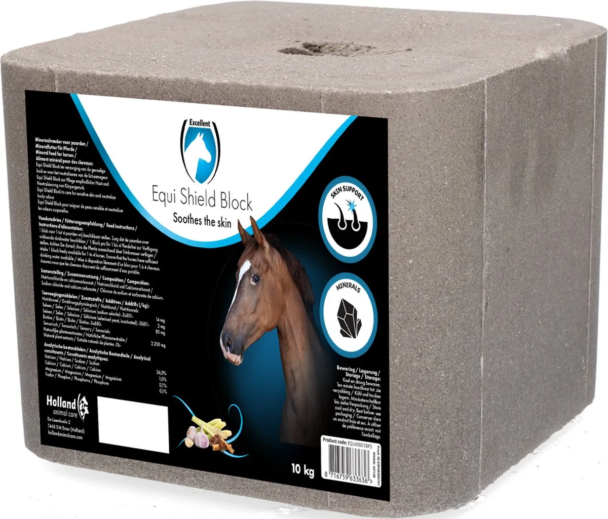Excellent Equi Shield Block - 10 kg - Zoutlikblok - Ter verzorging van de gevoelige huid en het neutraliseren van de lichaamsgeur - Geschikt voor paarden de Holland Animal Care en Gris – photo produit