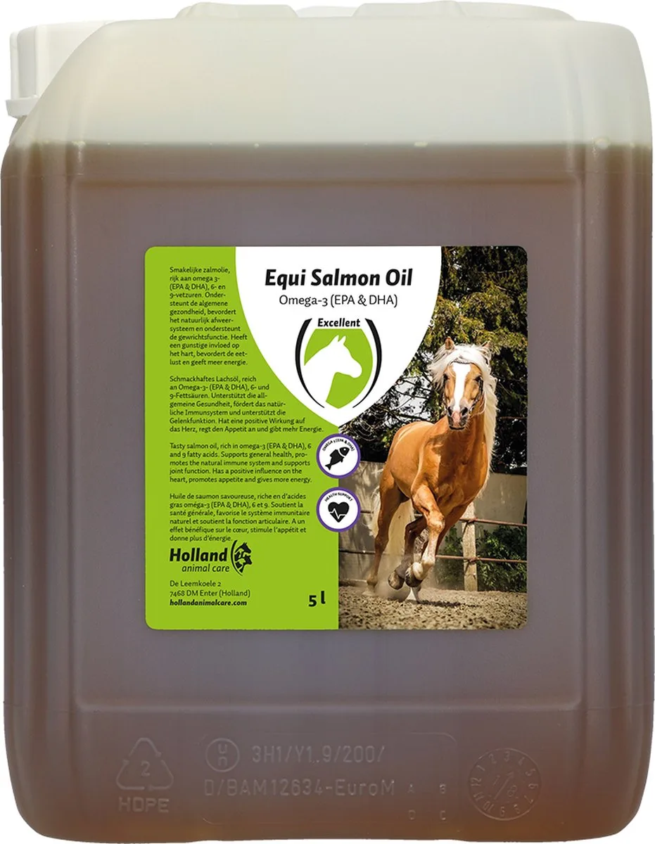 Excellent Equi Zalmolie - 5 Liter - Ondersteund de algemene gezondheid, bevordert het natuurlijke afweersysteem en ondersteund de gewrichtsfunctie - Geschikt voor paarden de Holland Animal Care – photo produit
