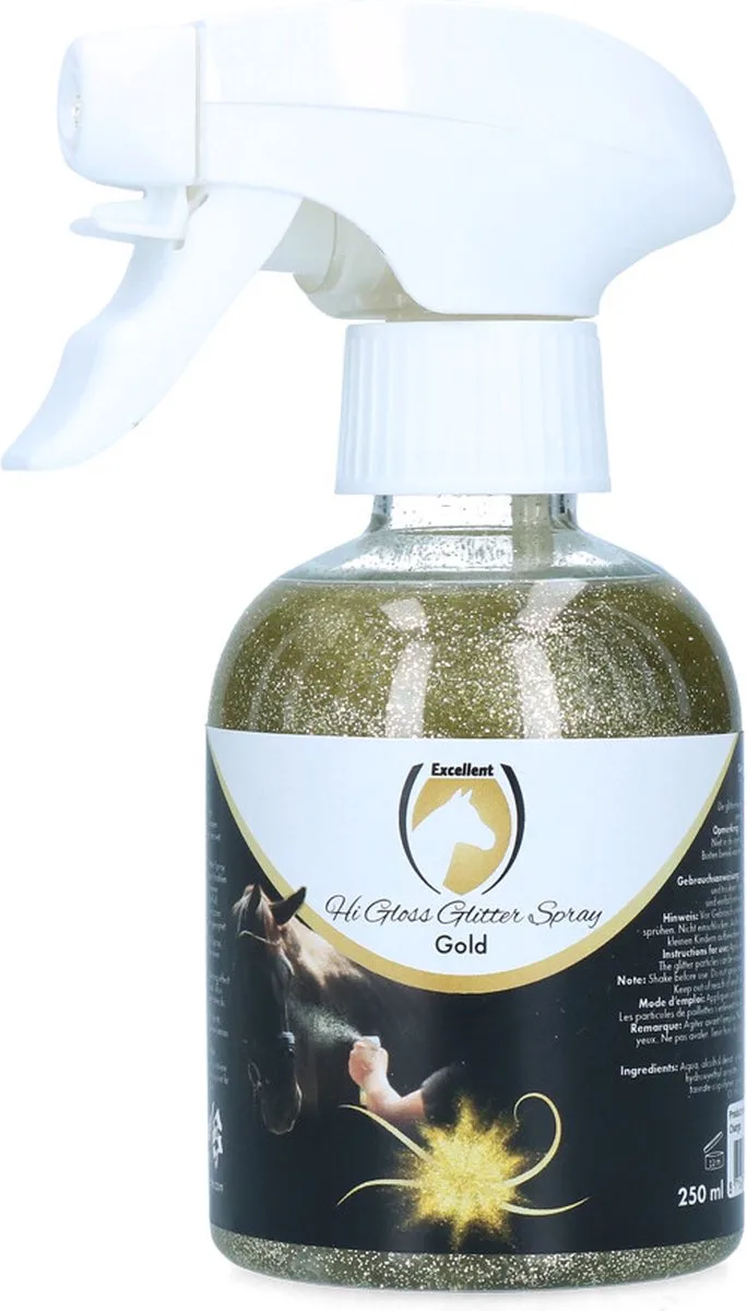 Excellent Hi Gloss Glitter Spray - Prachtige glittering op de vacht, manen en staart - Geschikt voor paarden - 250 ml - Goud fra Holland Animal Care – produktbillede