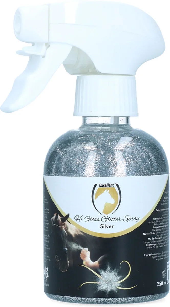 Excellent Hi Gloss Glitter Spray - Prachtige glittering op de vacht, manen en staart - Geschikt voor paarden - 250 ml - Zilver fra Holland Animal Care – produktbillede