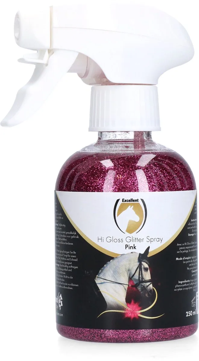 Excellent Hi Gloss Glitter Spray - Prachtige glittering op de vacht, manen en staart - Geschikt voor paarden - 250 ml - Roze fra Holland Animal Care – produktbillede