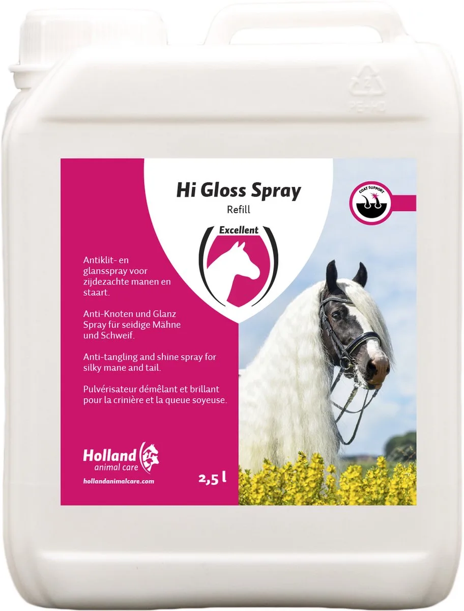 Excellent Hi Gloss spray navulling - Voor het creëren van een perfecte presentatie voor een keuring, wedstrijd of ander evenement - Geschikt voor paarden - 2.5 Liter van Holland Animal Care – productfoto