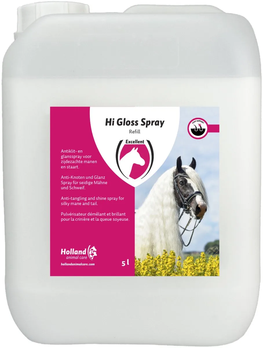 Excellent Hi Gloss spray navulling - Voor het creëren van een perfecte presentatie voor een keuring, wedstrijd of ander evenement - Geschikt voor paarden - 5 Liter by Holland Animal Care – product photo