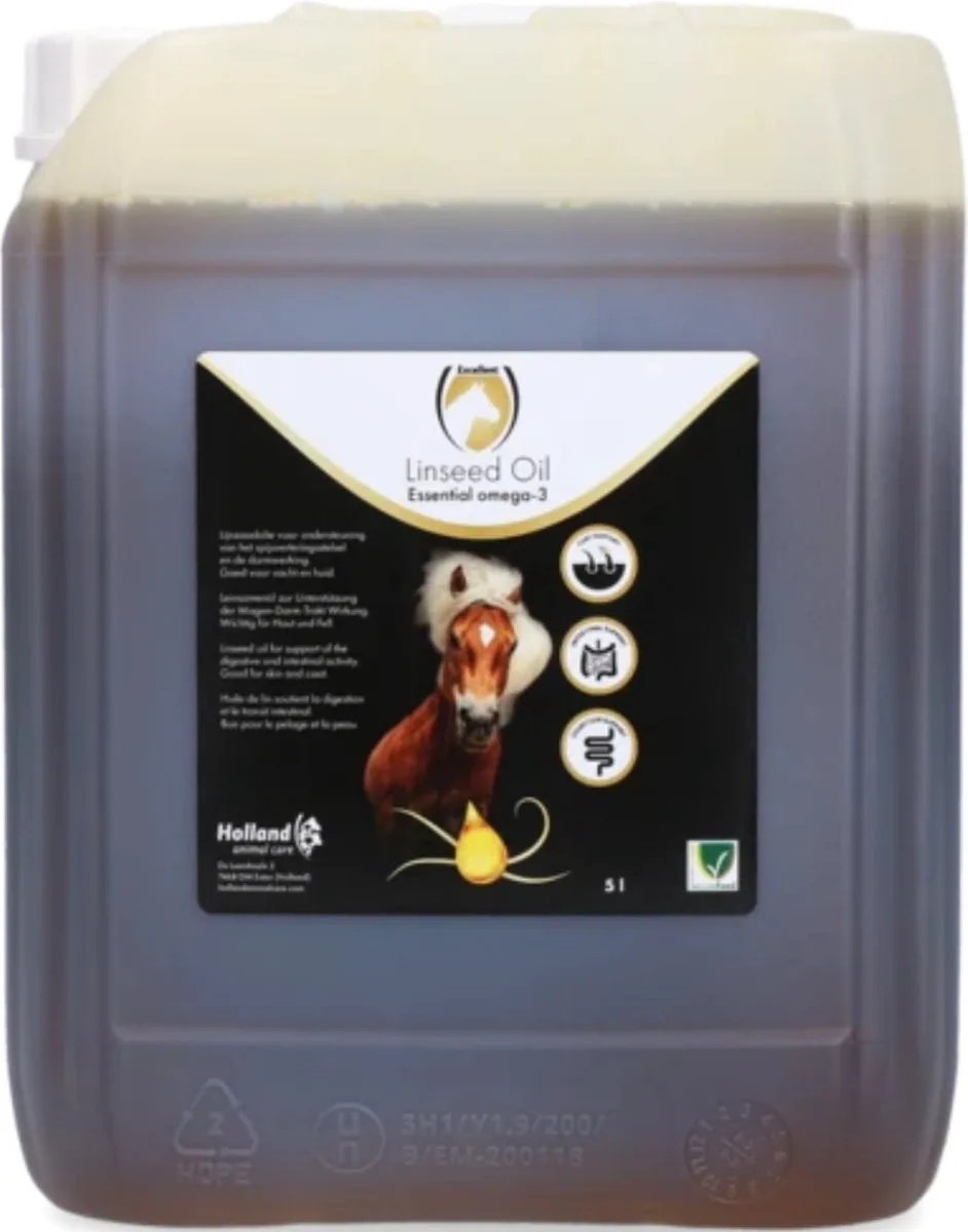 Excellent Lijnzaadolie - 5 Liter - Ondersteuning van spijsverteringsstelsel en darmwerking van het paard - Geschikt voor paarden by Holland Animal Care – product photo