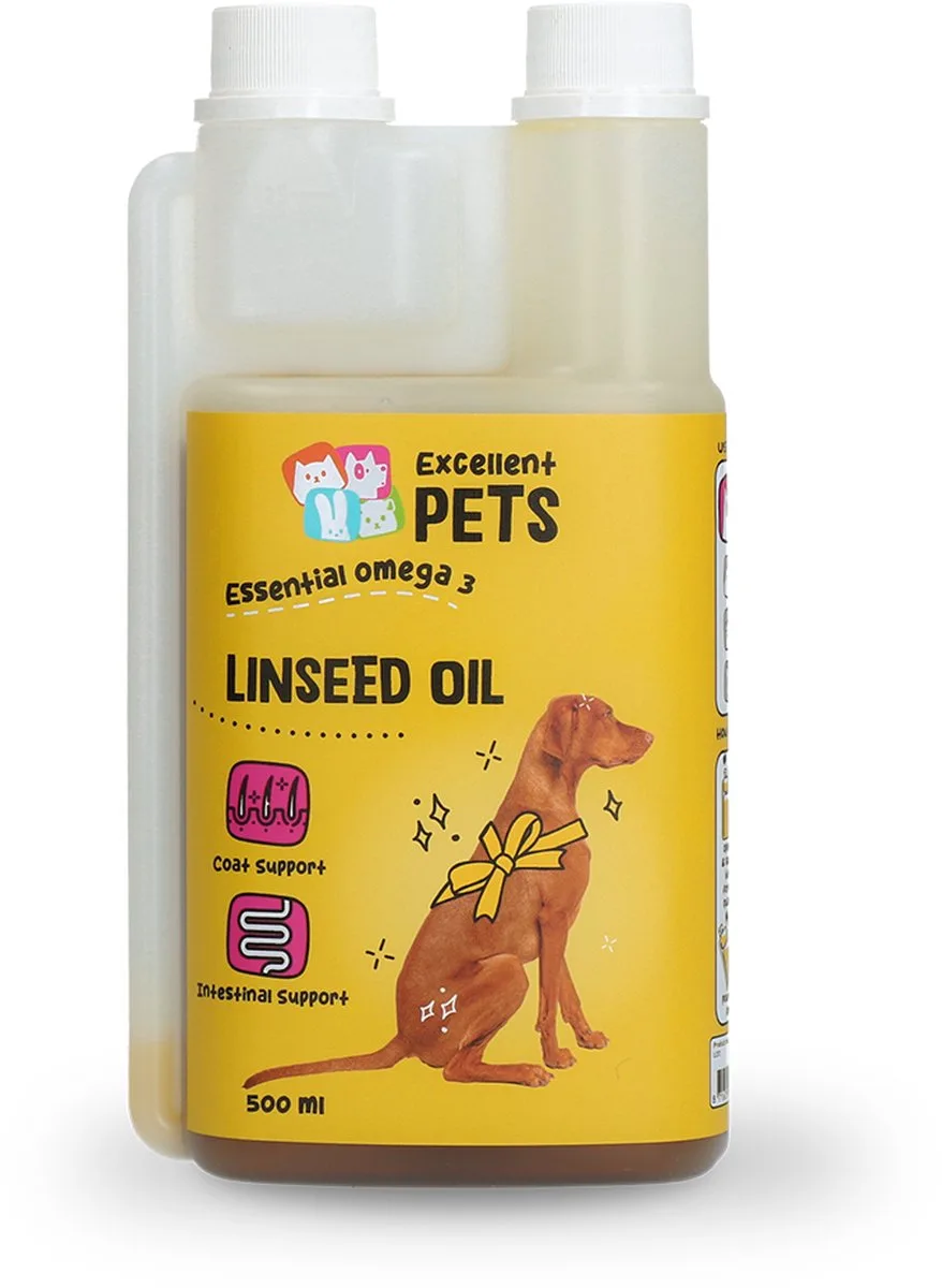 Excellent Pets 100% pure Lijnzaadolie Hond 500 ml - Omega 3 - Weerstand Honden supplementen - Ter ondersteuning van het Spijsverteringstelsel & Darmwerking - Linseed Oil de Holland Animal Care – photo produit