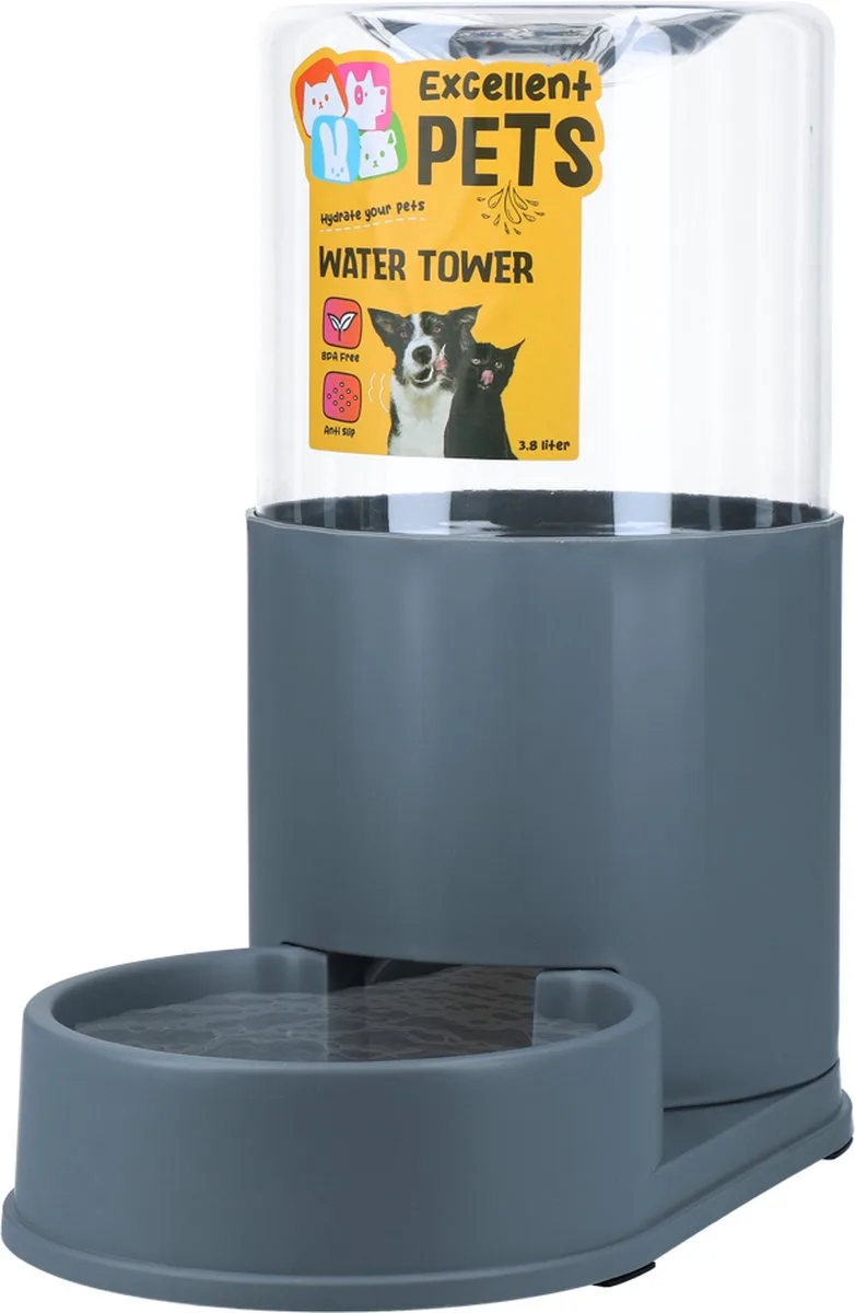 Excellent Pets Automatische Drinkbak 3.8 L - Waterdispenser - BPA-vrij - Anti-slip voetjes - Waterbak - Voor Hond en Kat - Water Tower von Holland Animal Care in Grau – Produktfoto