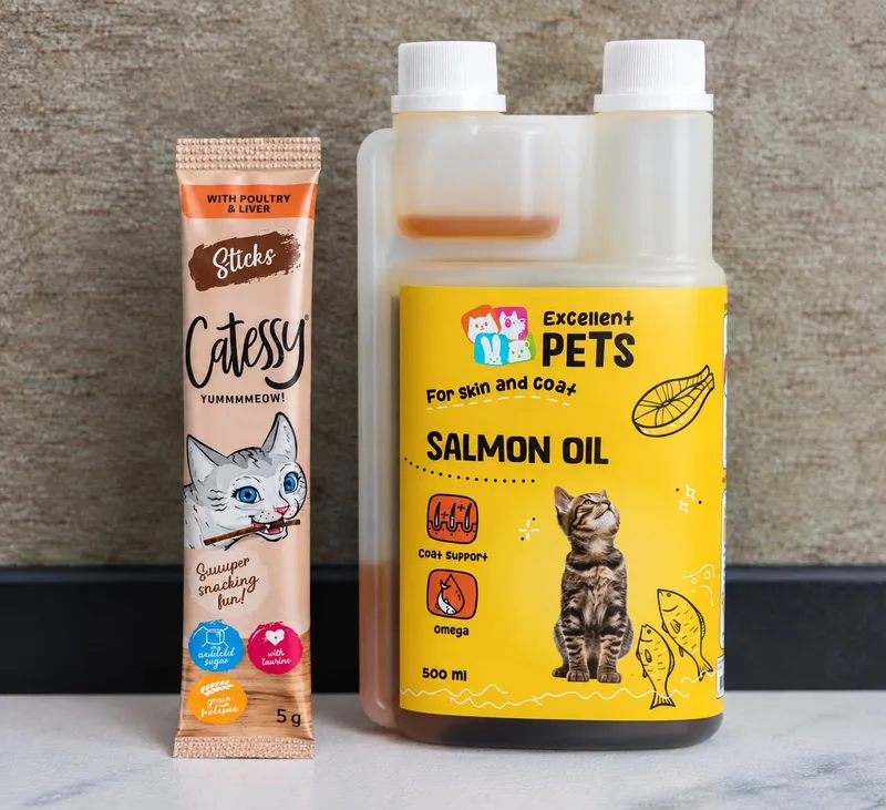 Excellent Pets Cat Zalm Olie 500 ml en catessy snack by Holland Animal Care – product photo