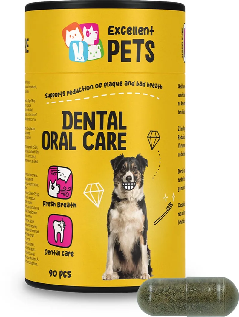 Excellent Pets Dental Care Hond & Kat 90 capsules - Gebitverzorging - Tandpasta vervanger - Frisse Adem, Gezond Tandvlees en Tegen Tandsteen en Tandplak - Dental Oral Care von Holland Animal Care – Produktfoto