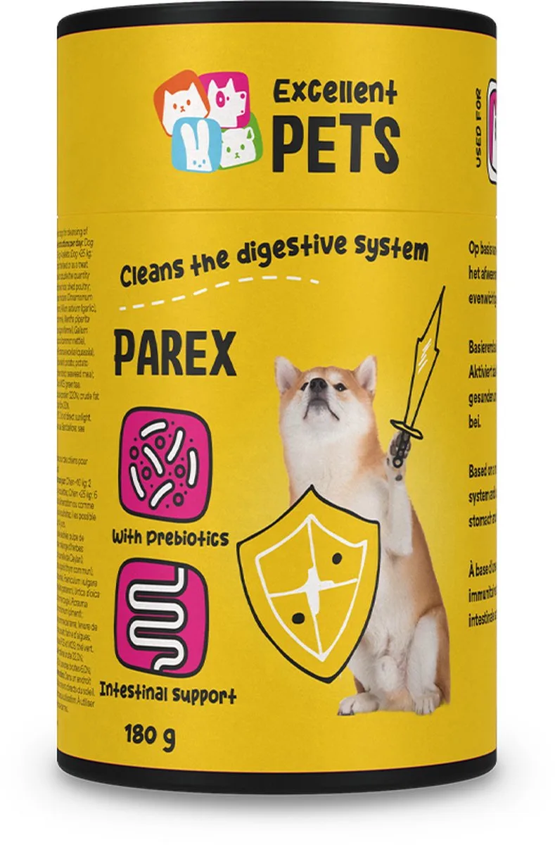 Excellent Pets Spijsvertering 180 gr - Prebiotica - 100% natuurlijk - Bij Moeilijke Ontlasting - Bevordert darmflora, versterkt Immuunsysteem en Glanzende Vacht - Weerstand Honden supplementen - Dog Parex de Holland Animal Care – photo produit