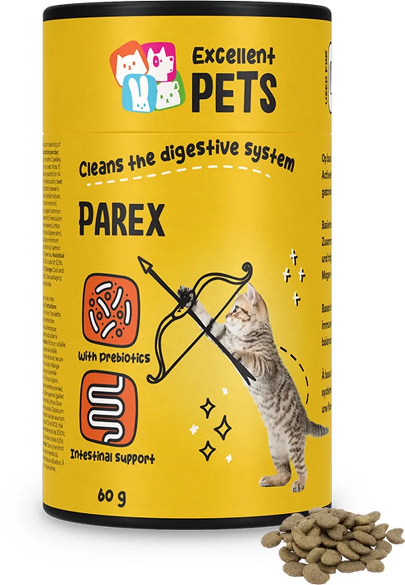 Excellent Pets Spijsvertering 60 gr - Prebiotica - 100% natuurlijk - Bij Moeilijke Ontlasting - Bevordert darmflora, versterkt Immuunsysteem en Glanzende Vacht - Weerstand Katten supplementen - Cat Parex van Holland Animal Care – productfoto