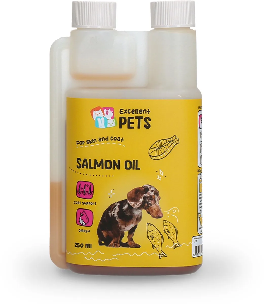 Excellent Pets Zalmolie 250 ml - Visolie - Omega 3-6-9 - Ondersteunt Huid en Vacht, Hart - Soepele gewrichten en Immuunsysteem - Weerstand Honden supplementen - Alternatief voor Schapenvet - Dog Salmon Oil de Holland Animal Care – photo produit