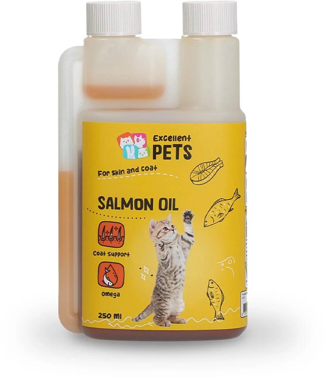Excellent Pets Zalmolie 250 ml - Visolie - Omega 3-6-9 - Ondersteunt Huid en Vacht, Hart - Soepele gewrichten en Immuunsysteem - Weerstand Katten supplementen - Cat Salmon Oil de Holland Animal Care – photo produit