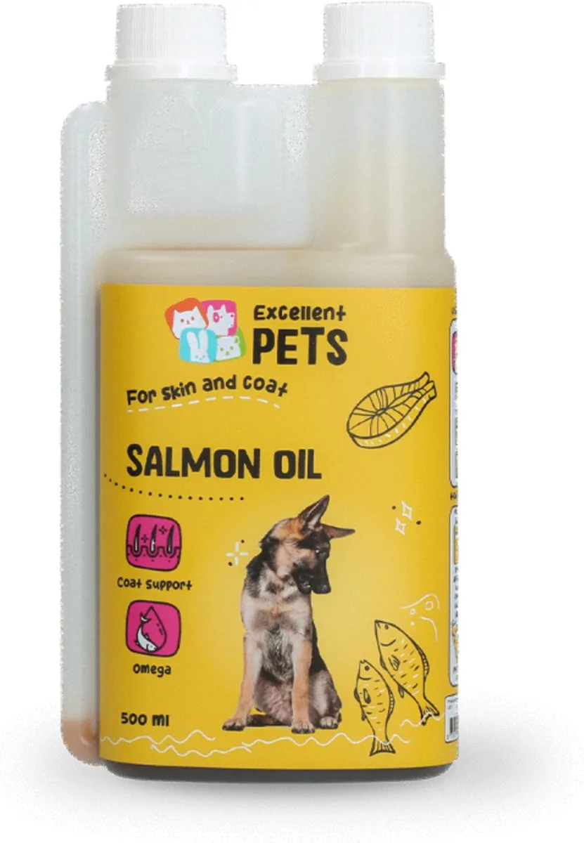 Excellent Pets Zalmolie 500 ml - Visolie - Omega 3-6-9 - Ondersteunt Huid en Vacht, Hart - Soepele gewrichten en Immuunsysteem - Weerstand Honden supplementen - Alternatief voor Schapenvet - Dog Salmon Oil van Holland Animal Care – productfoto