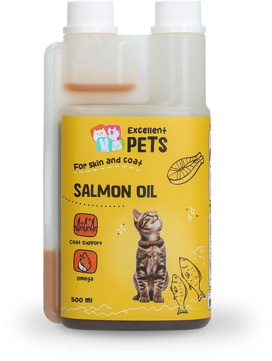 Excellent Pets Zalmolie 500 ml - Visolie - Omega 3-6-9 - Ondersteunt Huid en Vacht, Hart - Soepele gewrichten en Immuunsysteem - Weerstand Katten supplementen - Cat Salmon Oil de Holland Animal Care – photo produit
