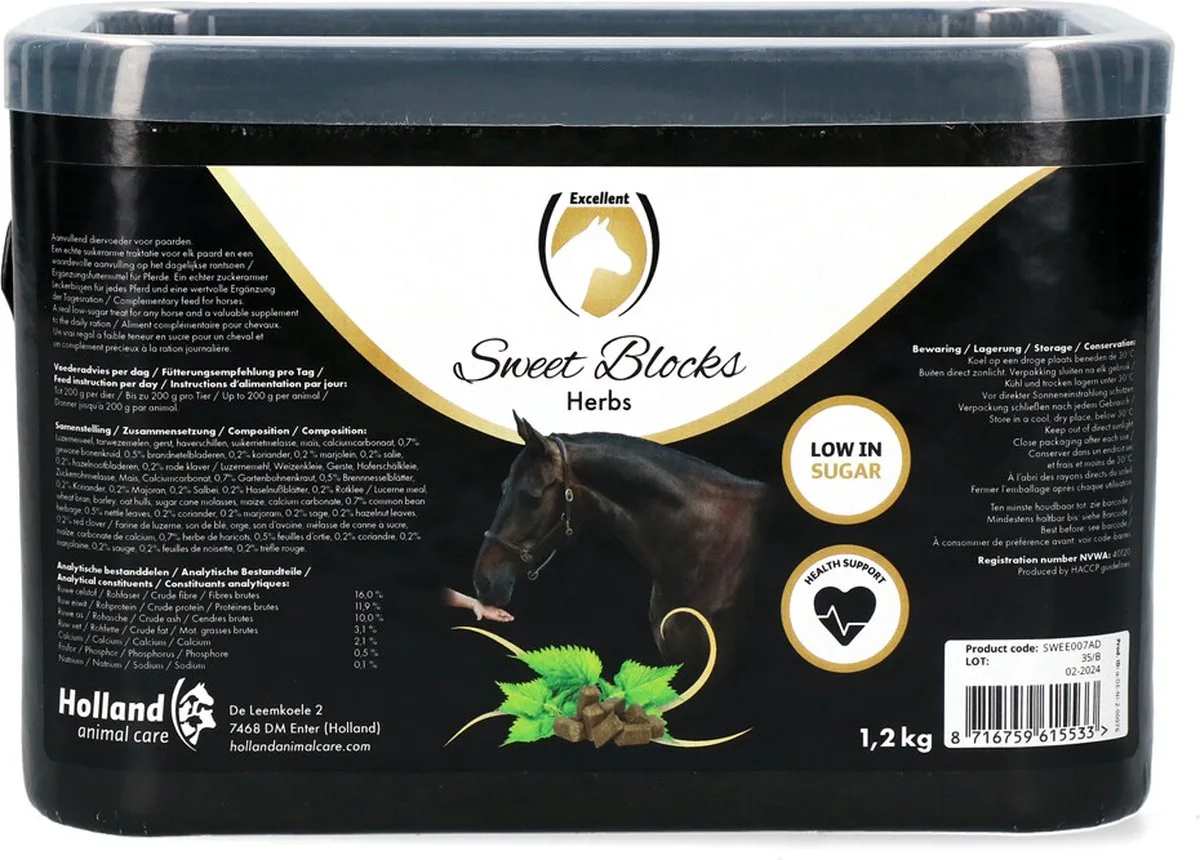 Excellent Sweet Herbs Blocks - De gezonde en smakelijke traktatie of beloning voor het paard - Geschikt voor paarden - Kruiden - 1.2 kg de Holland Animal Care – photo produit