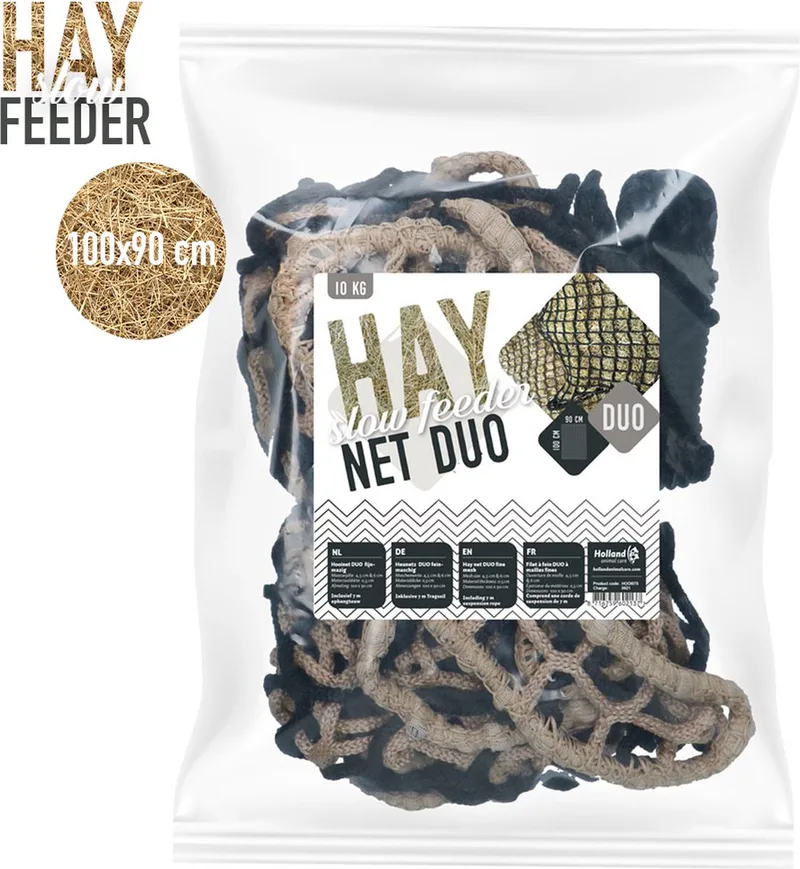 Hay Slowfeeder 100x90 cm – Hooinet paarden - Slowfeeder paarden – Tegen stalverveling - Meer dan 1000 kg trekkracht – Tot 10 kg hooi by Holland Animal Care in Dubbel net – product photo