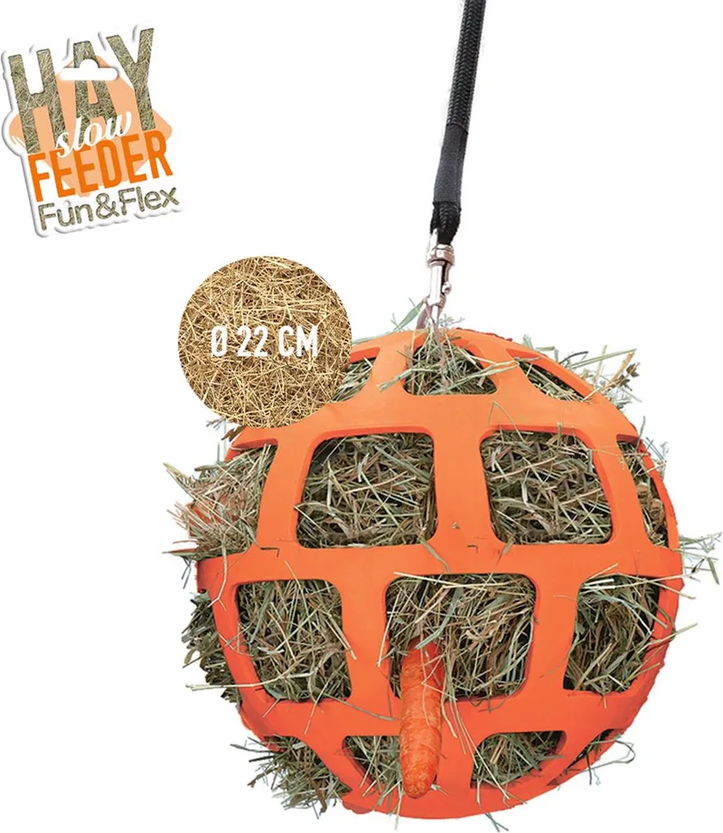 Hay Slowfeeder Fun&Flex Ø 22 cm – Hooinet paarden - Slowfeeder paarden – Geschikt voor grazende dieren – Tegen stalververling – Tot 1 kg hooi van Holland Animal Care in Oranje – productfoto