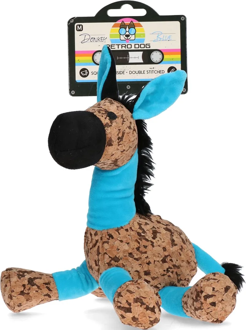 Retrodog Ezel - Honden speelgoed - Hondenknuffel met piep - Gerecycled materiaal - Maat M van Holland Animal Care in Blauw – productfoto