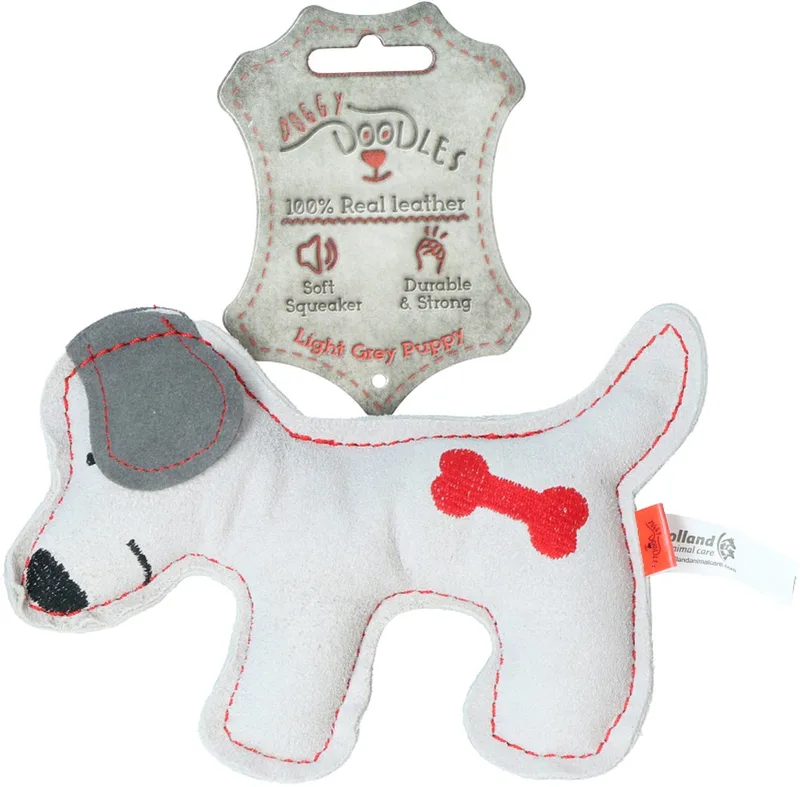 Tiny Doodles Doggy - Doodles Puppy - Hondenspeelgoed - Honden speeltje met piep - Lichtgrijs - 17 cm von Holland Animal Care in Weiß – Produktfoto