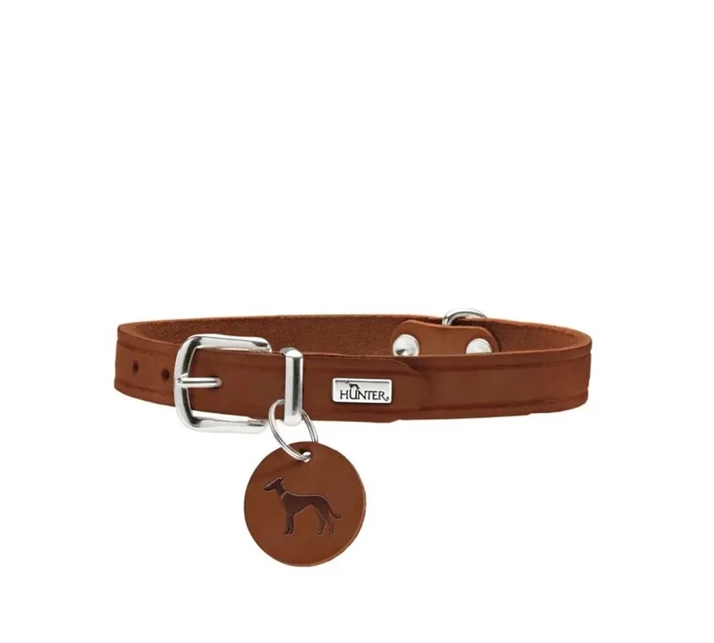Aalborg halsband - SM - verstelbaar: 37 - 43 cm Breedte 1,8 cm - cognac 100% zacht Rundleer de Hunter en Marron – photo produit