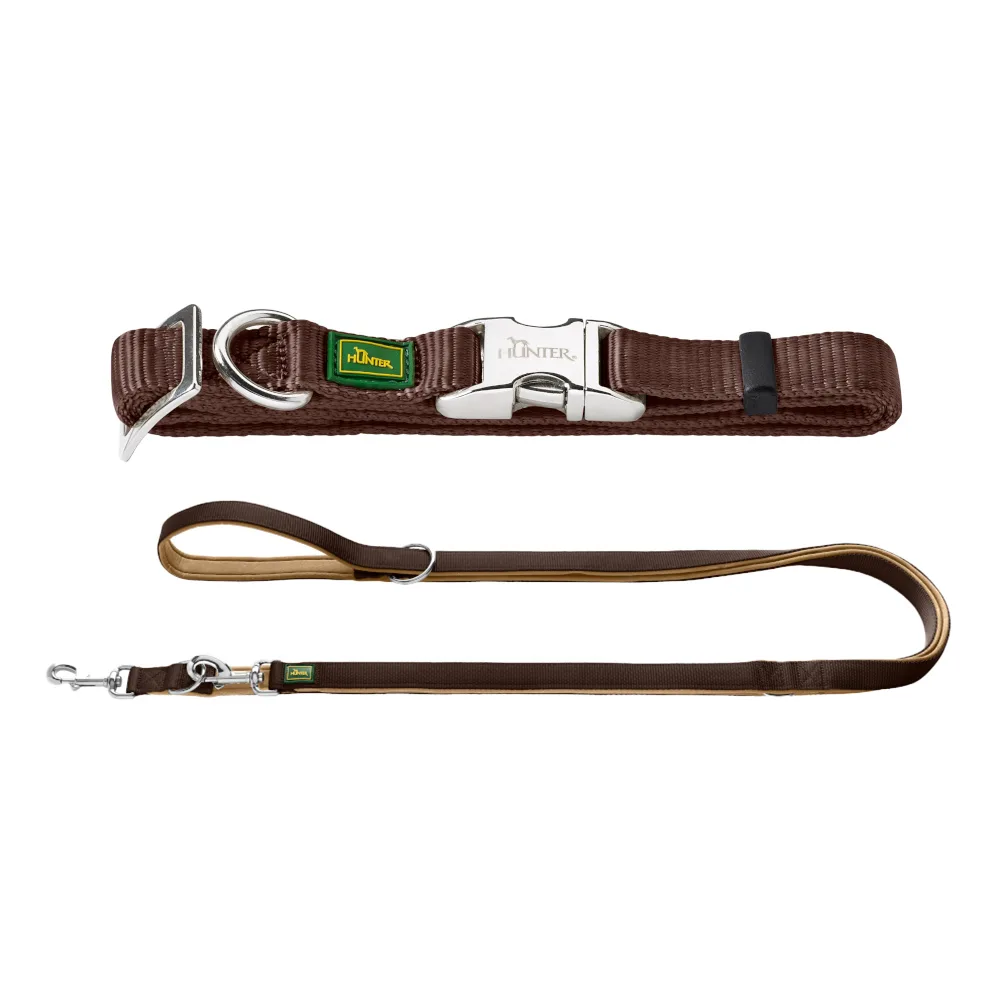 Dubbelpak: Hunter Trainingsleine Neopren Braun/Karamell Führleine Neopren + Halsband Vario Basic Alu-Strong M Hund by Hunter – product photo