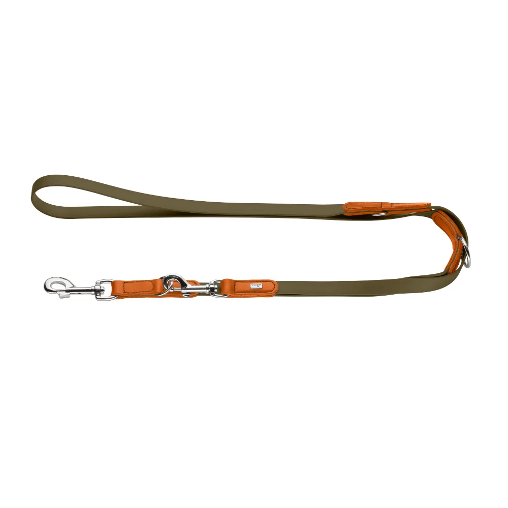 Verstelbare hondenriem Wolmar BioThane® x leder, kaki/oranje 200cm lang, 19mm breed hond van Hunter – productfoto
