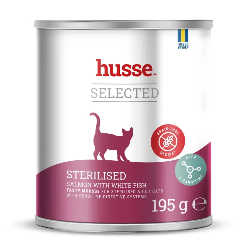 husse 12 Dosen je 195 g. (2.34 kg) Sterilised, Lachs mit Weißfisch Gourmet-Rezeptur ohne Getreide in samtiger Mousse von Husse in Regular – Produktfoto