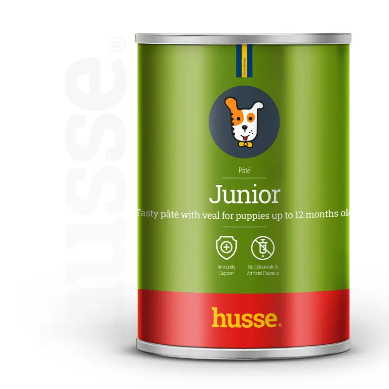 Junior Pâté 24 Dosen je 400 g. (9,6 kg) | Ausgewogene Mahlzeit mit Kalbfleisch & getrocknetem Ginseng von Husse in Regular – Produktfoto