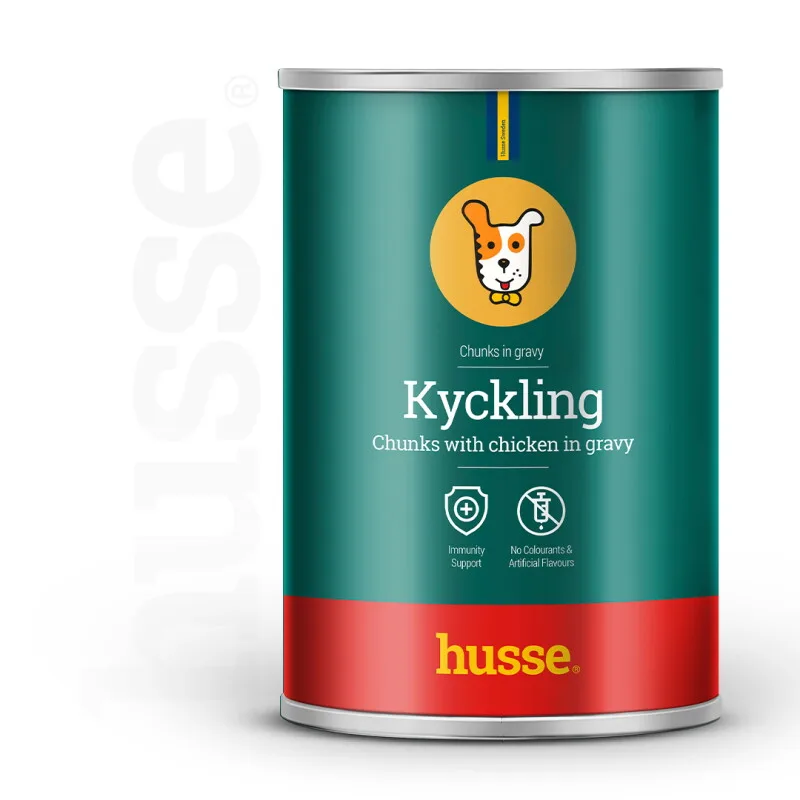 Saftige Fleischstücke Adult, Huhn, Stückchen, 24 Dosen je 400 g (9,6 kg) | Ausgewogene Mahlzeit mit zusätzlichen Vitaminen & Mineralstoffen von Husse in Regular – Produktfoto