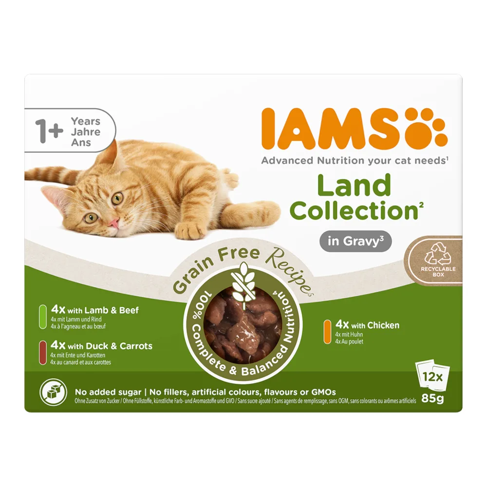 12x85g IAMS Advanced Nutrition Grain Free Land Collection in Sauce nat kattenvoer van IAMS – productfoto