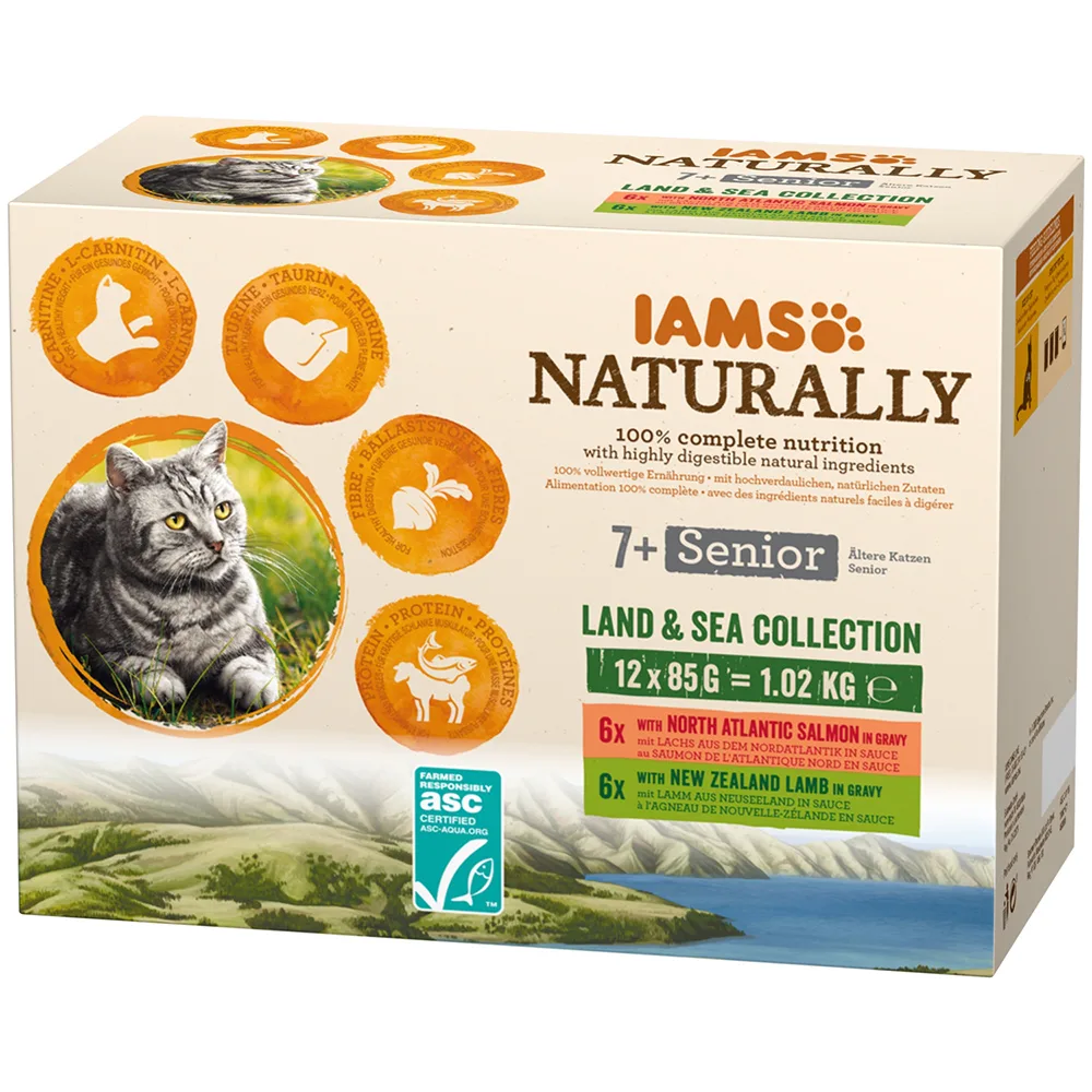 12x85g Naturally Senior Land & Sea Collection IAMS Kattenvoer nat van IAMS – productfoto