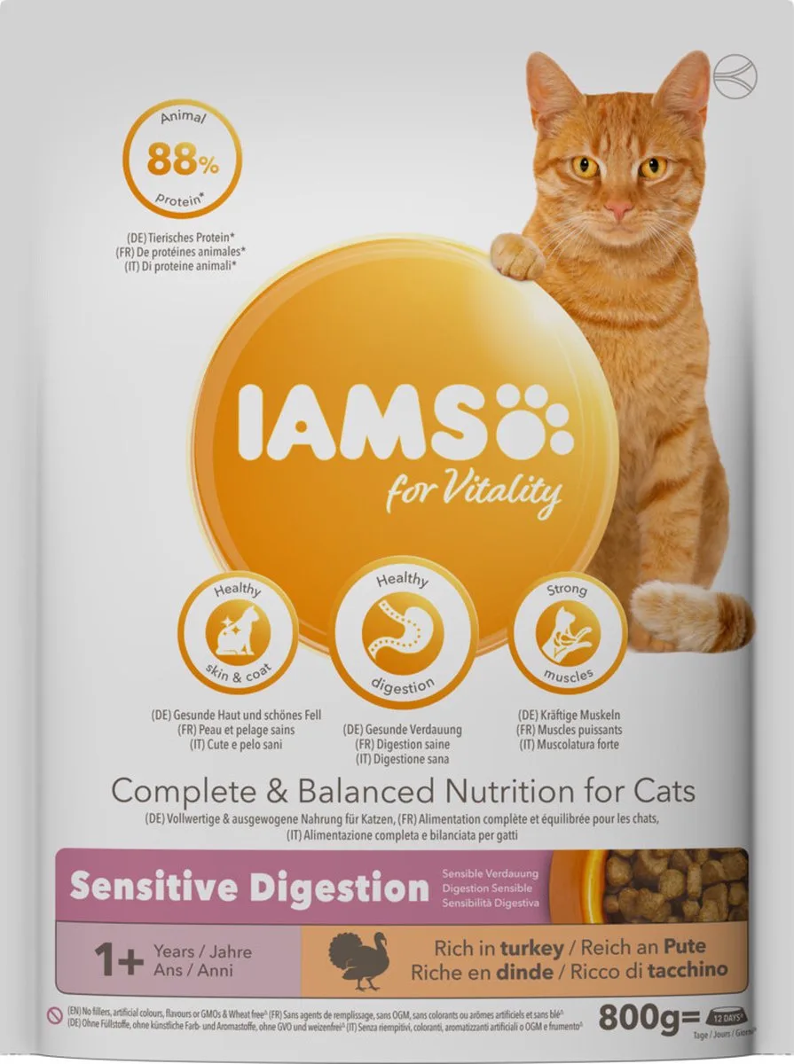 4x Iams Cat adult Sensitive Digestion Turkey 800 gr från IAMS – produktbild
