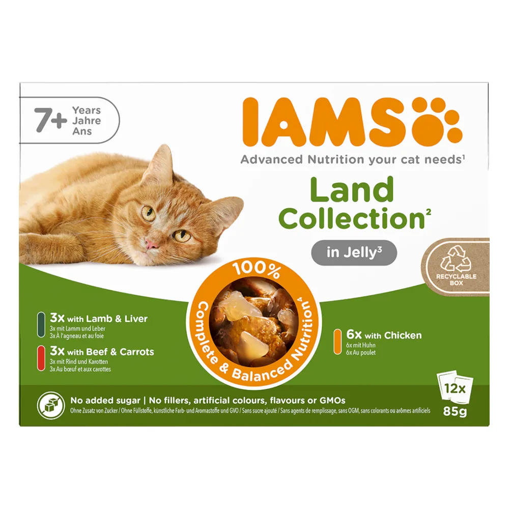 Dubbelpak: 24x85g IAMS Advanced Nutrition Senior 7+ Land Collection in gelei nat kattenvoer van IAMS – productfoto
