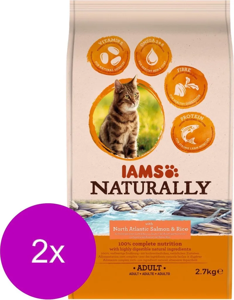 Naturally Cat Adult Zalm&Rijst - Kattenvoer - 2 x 2.7 kg fra IAMS – produktbillede