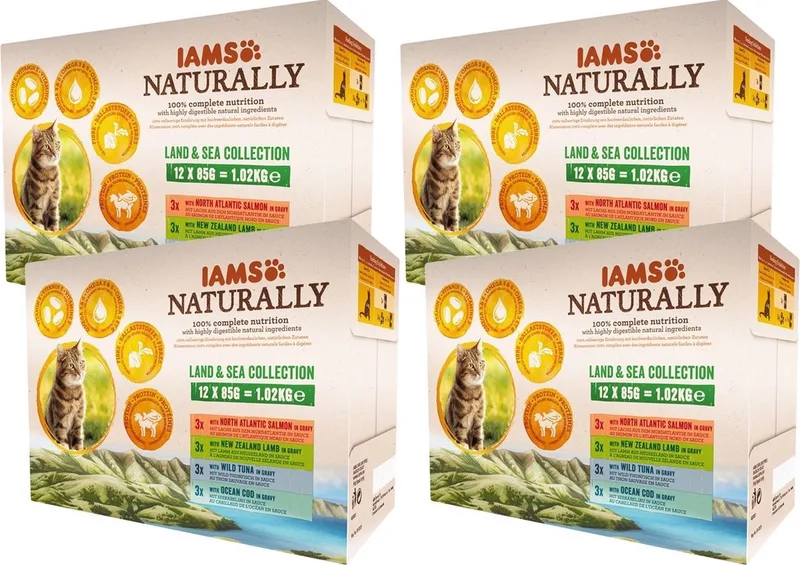 Naturally Cat Wet Land & Sea - Vlees & Vis - Kattenvoer - 24 x 85 g de IAMS – photo produit