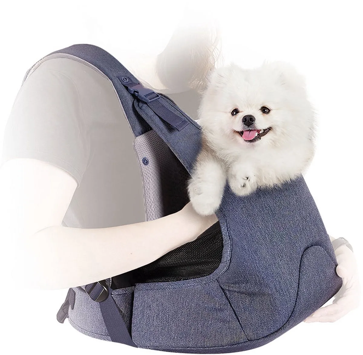 Hondendraagzak sling voor kleine honden tot 4 kg – draagzak voor hond voorop – ademende hondensling met veiligheidslijn – lichtgewicht en comfortabel – jeans von Ibiyaya in Blau – Produktfoto
