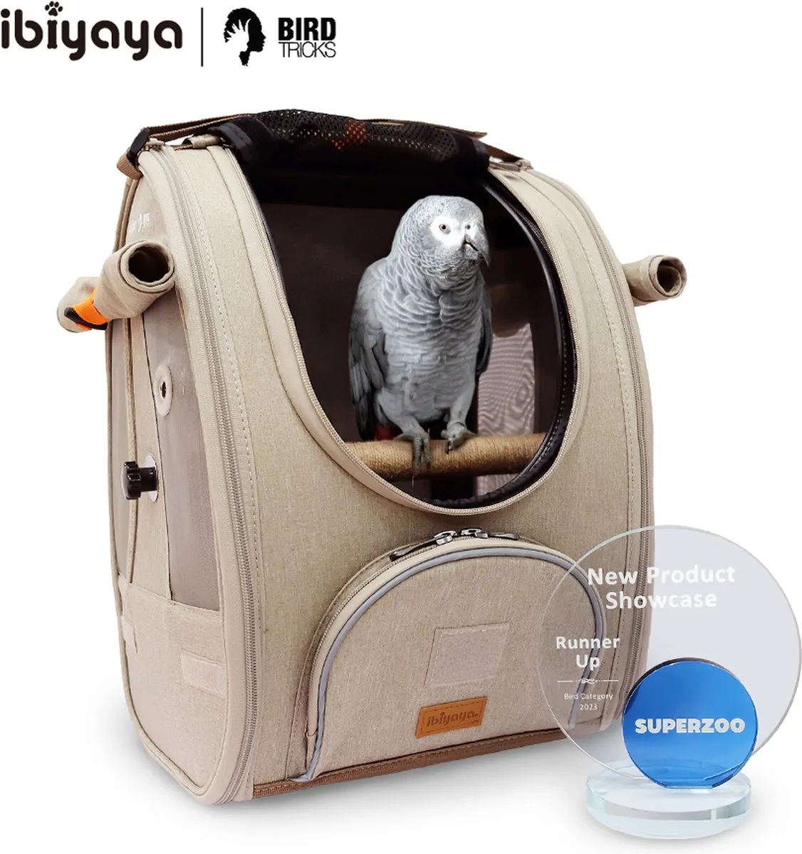 X BirdTricks TrackPack - Vogelrugzak - Rugzak Voor Vogels - Met Zitstok - 30x27x42cm von Ibiyaya in Beige – Produktfoto