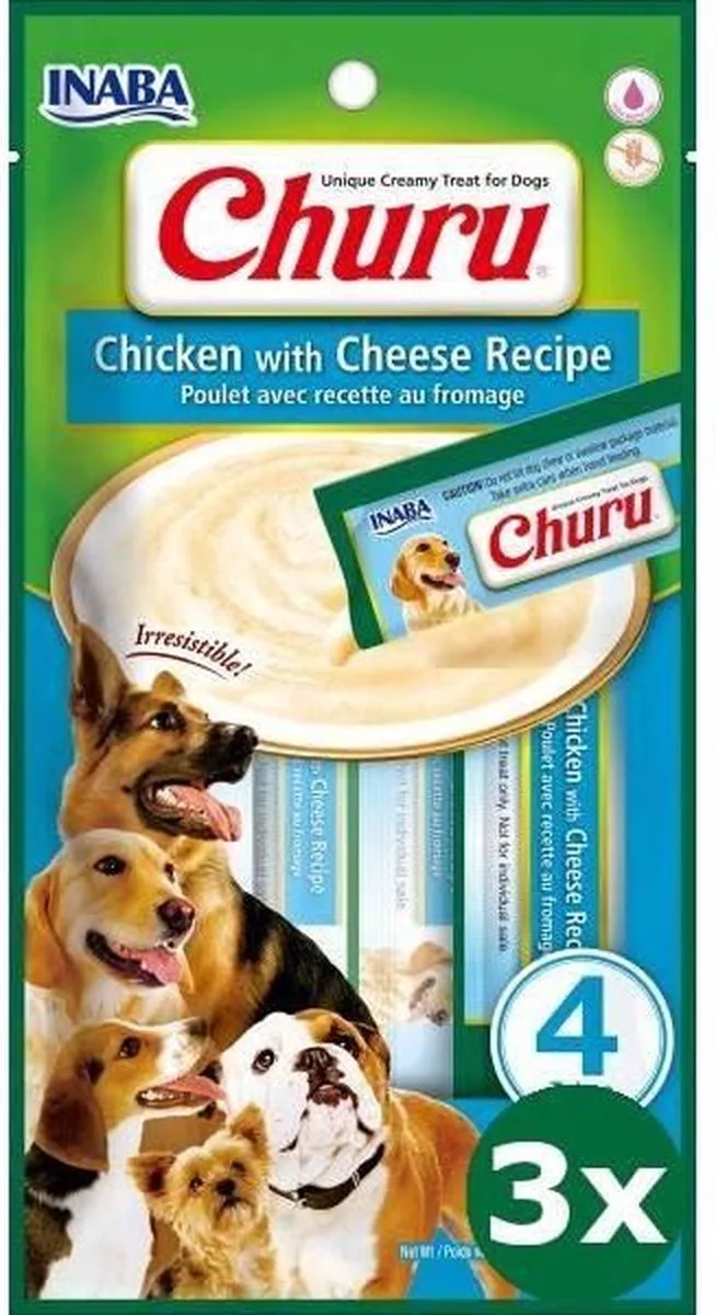 3x4x14gr Inaba churu chicken / cheese recipe hondensnack fra Inaba – produktbillede
