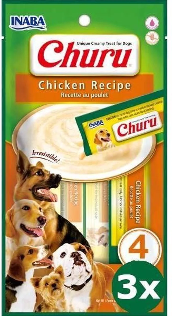 3x4x14gr Inaba churu chicken recipe hondensnack von Inaba – Produktfoto