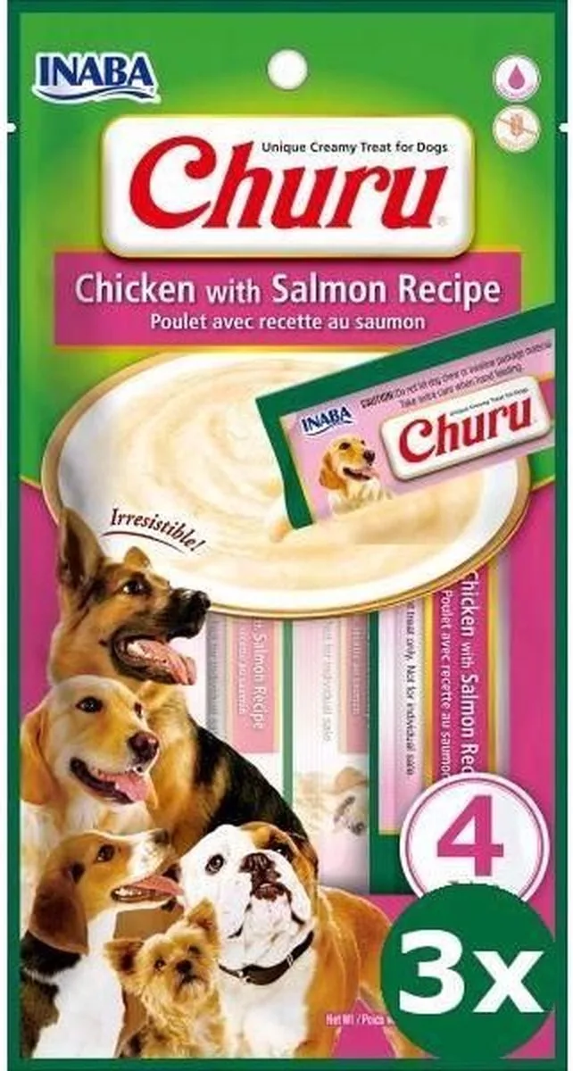 3x4x14gr Inaba churu chicken / salmon recipe hondensnack de Inaba – photo produit
