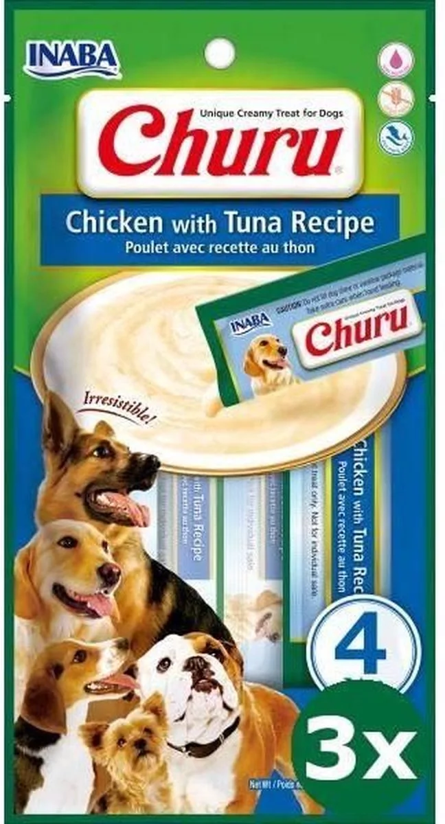 3x4x14gr Inaba churu chicken / tuna recipe hondensnack by Inaba – product photo