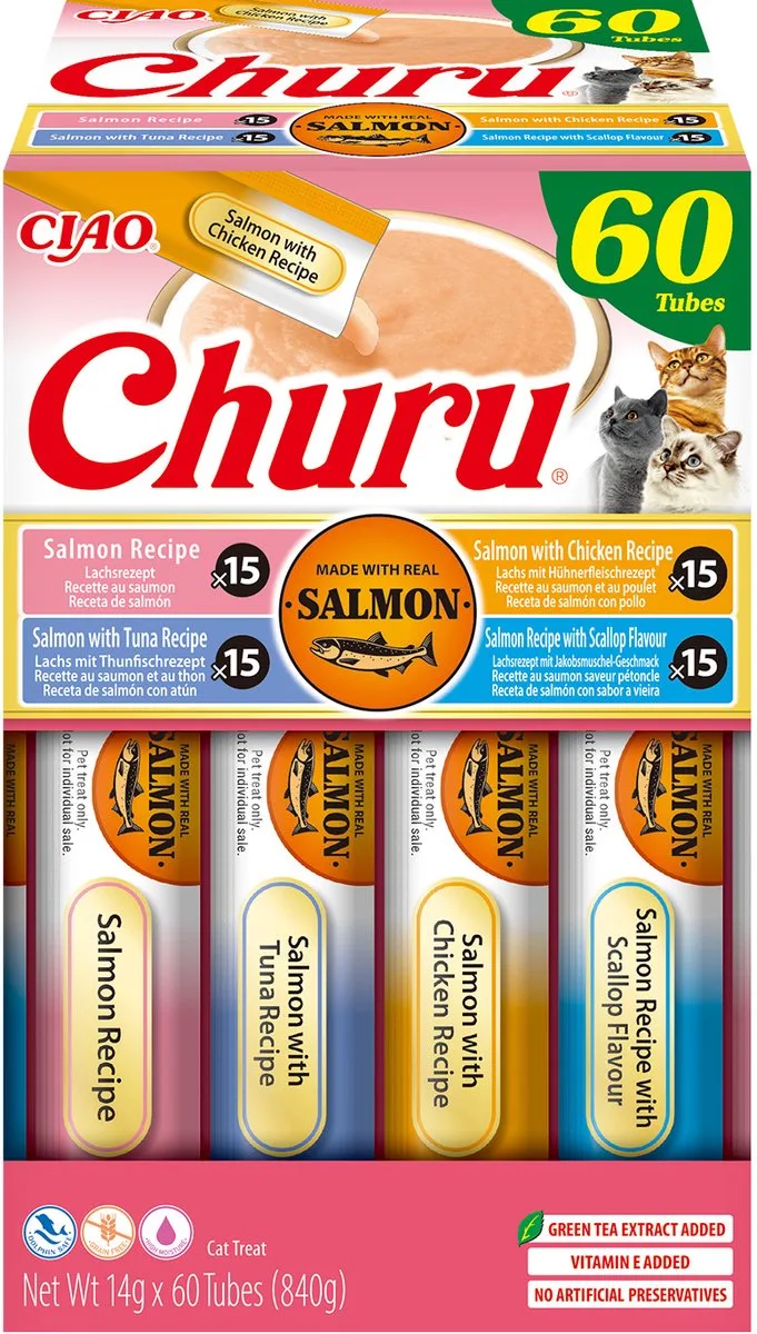 Ciao Churu Creamy Puree Liquid Kattensnack Zalm variëteiten 60x14g de Inaba – photo produit
